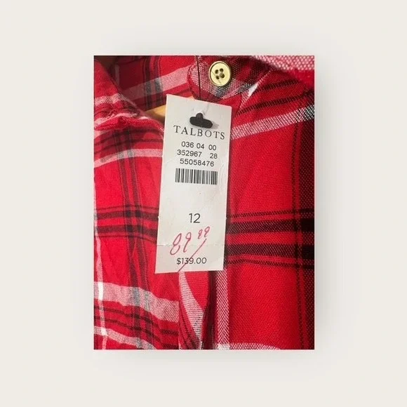 Talbots Women's Red Plaid Flannel Shirt Dress Size 12 Long Sleeve Tie Waist NWT - Picture 2 of 5
